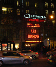 The neon facade of Olympia Hall in Paris in the night of 9th January 2009